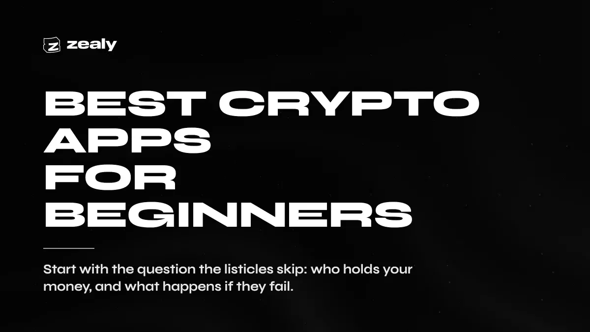 Zealy article cover on a dark textured background reading: Best crypto apps for beginners — start with the question the listicles skip: who holds your money, and what happens if they fail.