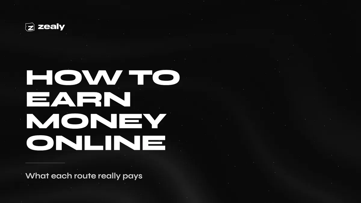 Zealy article cover on a dark textured background reading: How to Earn Money Online — What each route really pays.