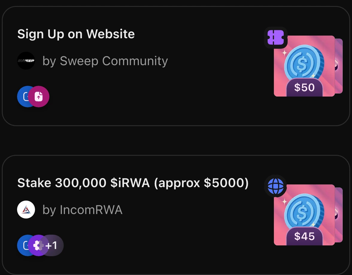 The top two quests on Zealy's public Earn board as they appear on a phone: Sign Up on Website by Sweep Community showing a $50 USDC reward with a small purple ticket icon on the reward art, above Stake 300,000 $iRWA (approx $5000) by IncomRWA showing a $45 USDC reward with a blue globe icon.