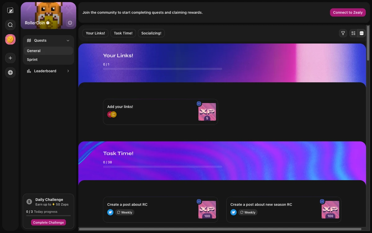 A Zealy questboard on the RollerCoin community, showing quest cards with XP rewards of 5 and 100, some marked as weekly.