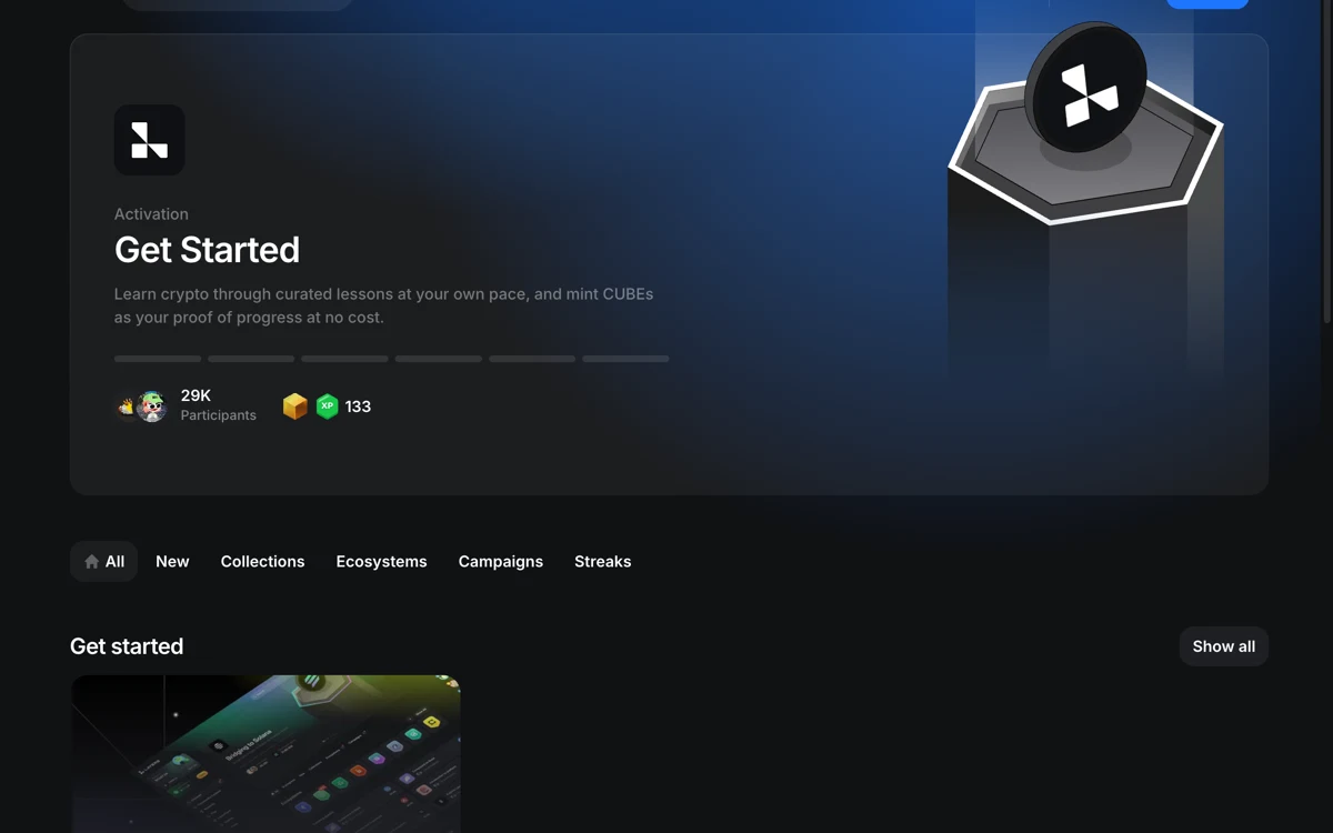 The Layer3 discover page on 7 August 2026, showing the Get Started activation with 29,000 participants, XP and CUBE rewards, and tabs for Ecosystems, Campaigns and Streaks.